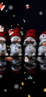 Festive snowman figures against a dark background, wearing red hats.