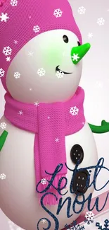 A cute snowman with pink hat and scarf, surrounded by snowflakes.