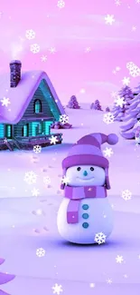 Cute snowman with a winter cabin backdrop.