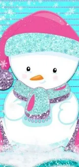 Cute snowman with pink hat and icy-blue background on phone wallpaper.