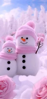 Snowmen with pink hats in a snowy, rose-filled winter wonderland.