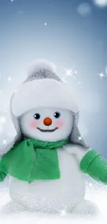 Adorable snowman with green scarf on a snowy winter backdrop.