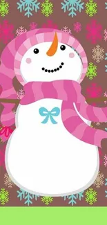 Cute snowman wallpaper with colorful snowflakes and green border.