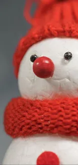 Snowman in red scarf and hat with soft focus winter theme.