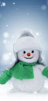 Cute snowman with a green scarf on a sparkling winter background.