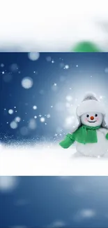 Adorable snowman with green scarf in a snowy winter scene.