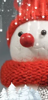 Cute snowman with red hat and scarf, surrounded by snowflakes.