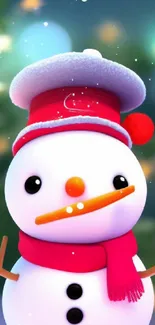 Cute snowman with red scarf and hat in a snowy winter scene.