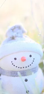 Adorable snowman in a winter field.