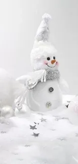 Cute snowman with winter decorations in white theme.