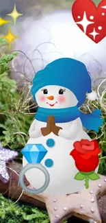 Cute snowman with blue hat and festive decorations, perfect for winter wallpaper.