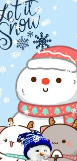 Cute snowman and friends with falling snowflakes on a winter-themed wallpaper.