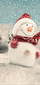 Cute snowman in a snowy scene with falling snowflakes.