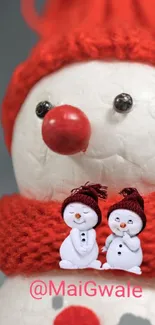 Cute snowman with red hat and scarf, winter mobile wallpaper.