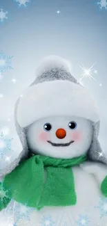 Cute snowman in a hat and scarf with snowy background for mobile wallpaper.