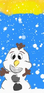 Cute cartoon snowman in a colorful winter setting.