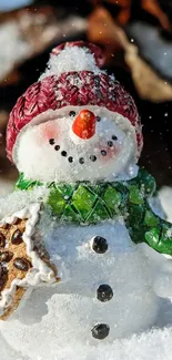 Adorable snowman with red hat and cookie in snow.