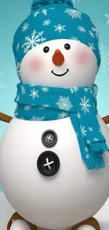 Cheerful snowman with blue scarf and hat surrounded by snowflakes.