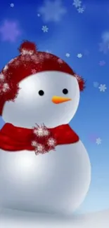 Snowman with red hat and scarf on blue background with snowflakes.