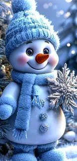 Cute snowman in snowy winter landscape with festive decorations.