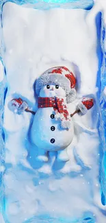 Cute snowman in snow with blue and white colors, festive for a winter scene.