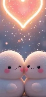 Cute snowmen under glowing heart in cartoon style.