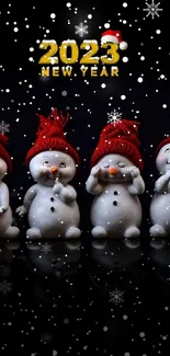 Four snowmen with red hats celebrate New Year 2023 on a snowy black background.