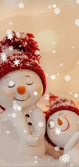 Cute snowmen in red hats and snowflakes on a beige background.