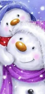 Adorable snowmen in purple and blue winter attire, perfect festive wallpaper.