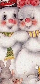 Cartoon snowmen with bunnies in snow.