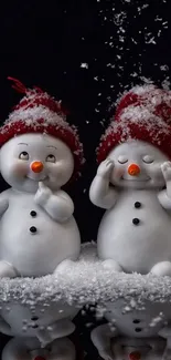 Adorable snowmen with red hats on dark winter background.