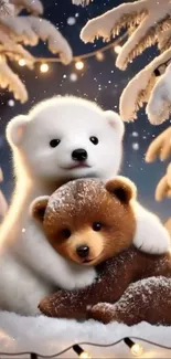 Adorable teddy bears cuddling in snowy scene with festive lights.