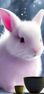 Cute white bunny with pink ears in snowy setting.