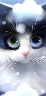 Adorable cartoon cat with snowflakes, blue background