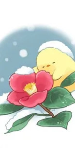 Cute yellow chick with pink flower in snow.