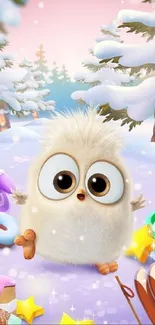 Adorable fluffy owl in snowy winter scene with playful elements.