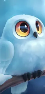 Cartoon snowy owl on a branch with big eyes.