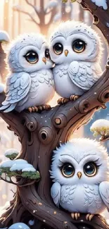 Three adorable snowy owls on a tree in winter.