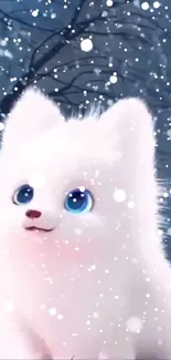 Cute white puppy with blue eyes in a snowy scene.