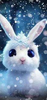 Cute rabbit with snowflakes and a blue wintery background.