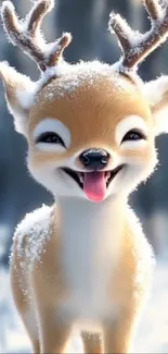 Adorable snow-covered reindeer with a happy face in a winter setting.