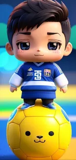 Cute cartoon soccer player on a yellow ball with colorful background.