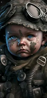 Cute baby in soldier gear mobile wallpaper with a military theme.