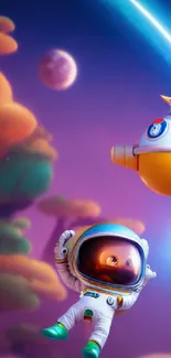 Adorable astronaut floating in colorful space scene.