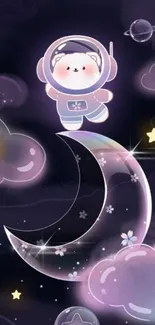 Adorable bear astronaut in a starry space theme mobile wallpaper with moon and clouds.