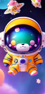 Cute cartoon astronaut floating in a colorful space scene.