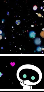 Cute space wallpaper with planets and cartoon character.