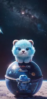 Cute blue kitten sitting on a space helmet with a galaxy background.