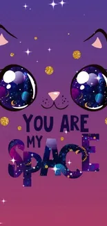 Cute space-themed cat wallpaper with galaxy eyes.