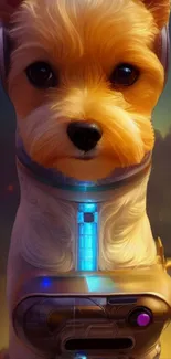 Adorable dog in futuristic space suit on a mobile wallpaper.